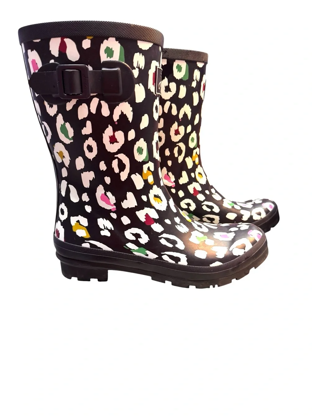 Joules Molly Welly Navy Rain Boots with Multicolor Leopard Spots, Sz 9, EUC
